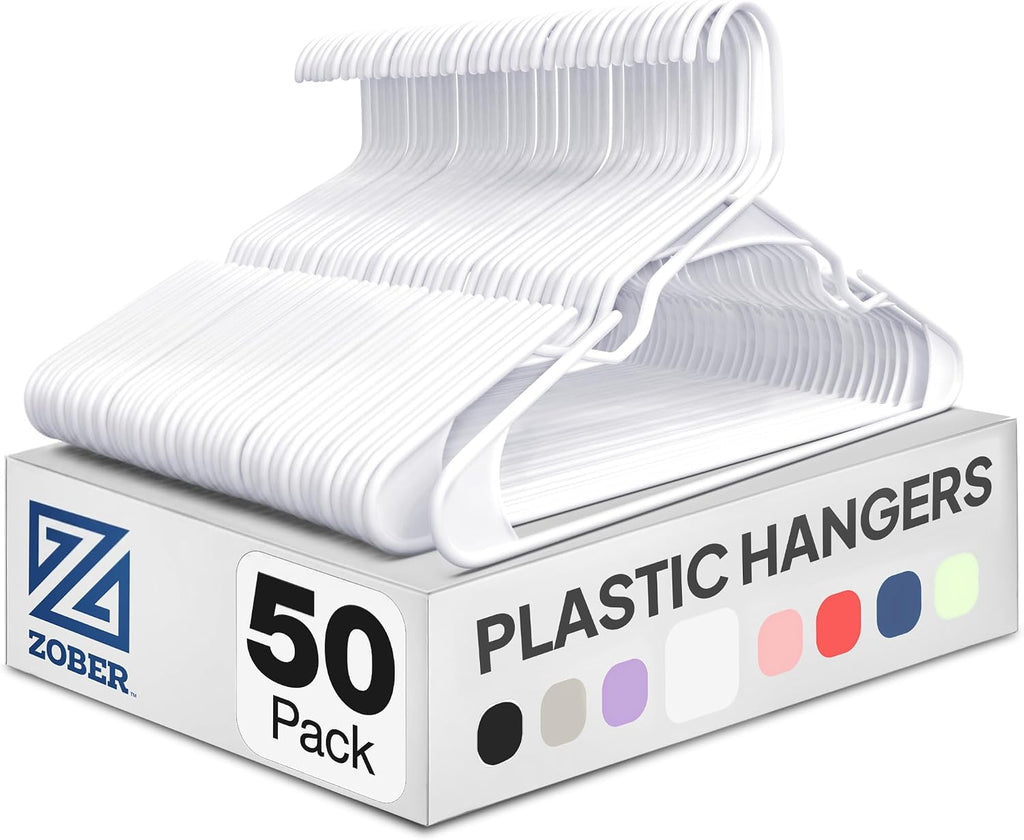 Clothes Hangers - White, Plastic Hangers 50 Pack for Shirts, Dresses, and Pants - Durable, Flexible Plastic Clothing Hangers