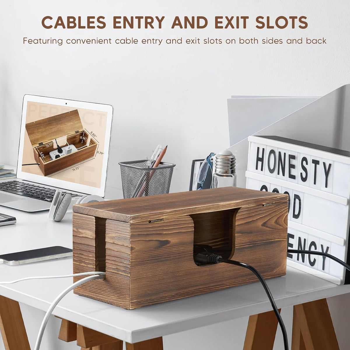 Large Cable Management Box - Burnt Wood Cable Organizer Box and Floor Cord Covers for Electrical Cord Management - Hide Desk Cord and Floor Cables - Wire Storage and Organization for Cords