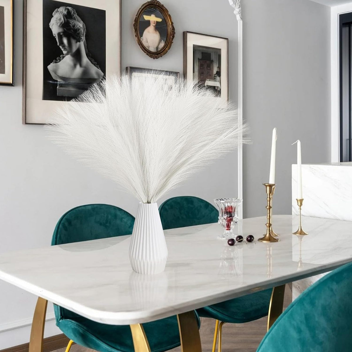 Ureymx Faux Pampas Grass Decor 17.7 Inch 6pcs, Artificial Pampas Grass Fluffy Home Decor, Short Vase Room Decor pompous Grass Flower Arrangement for Boho Home Wedding Decoration (Milky White)