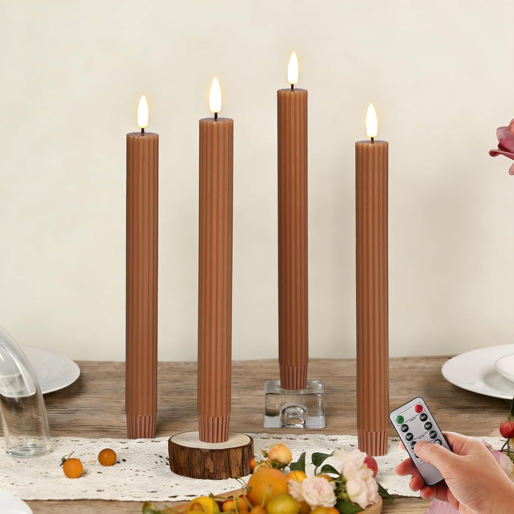 Brown Ribbed Fall Flameless Taper Candles with Remote Set of 4