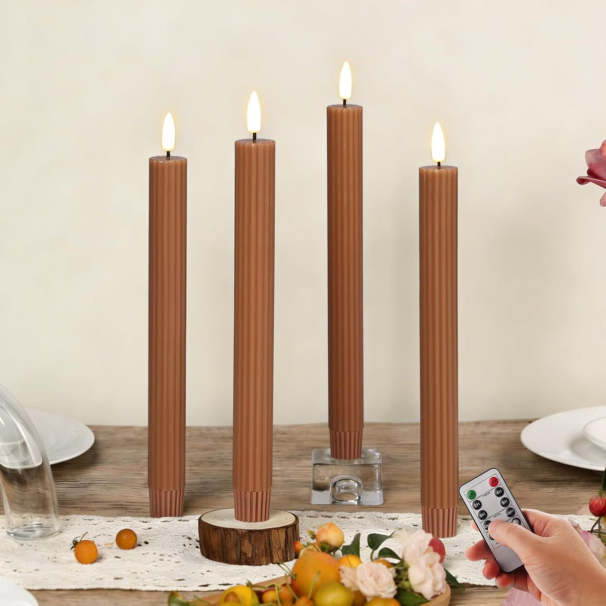 Brown Ribbed Fall Flameless Taper Candles with Remote Set of 4