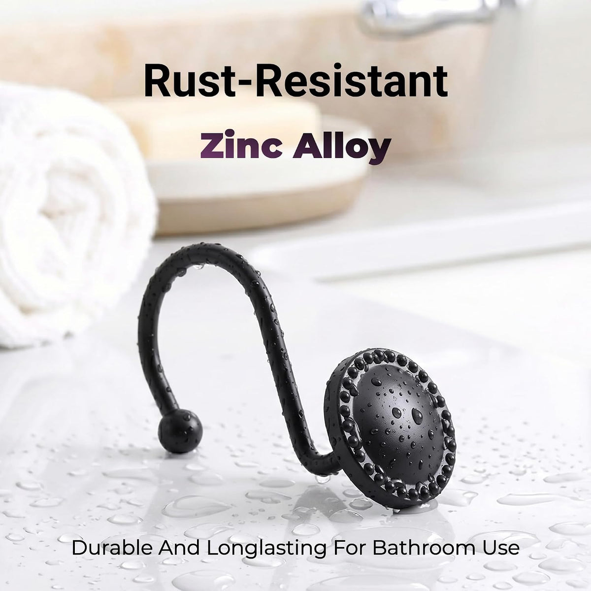Shower Curtain Hooks,Rust-Resistant Decorative Rings,12-Pack,Black