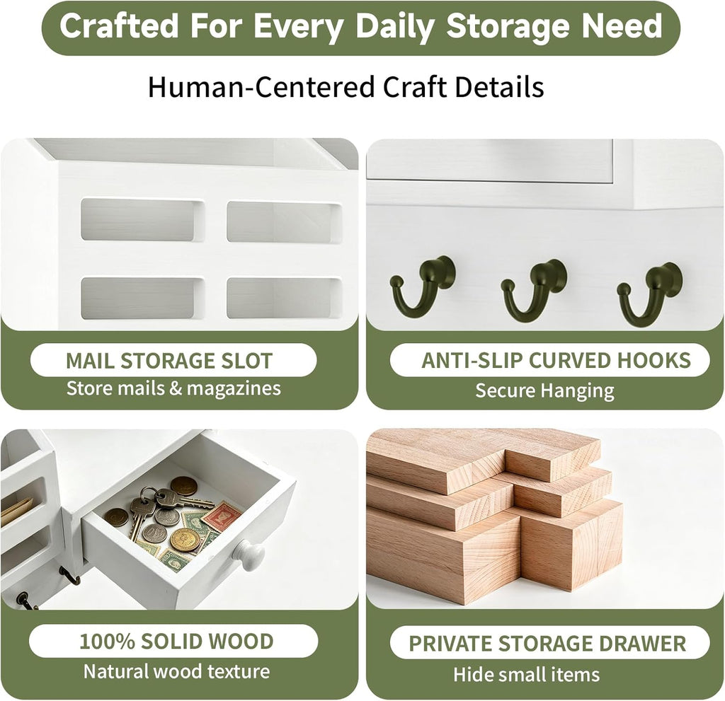 White Key and Mail Holder for Wall with 6 Hooks and Storage Drawer Drawer & Mail Storage Compartment, 2 Installation Options, Space‑Saving for Entryway, Hallway & Mudroom