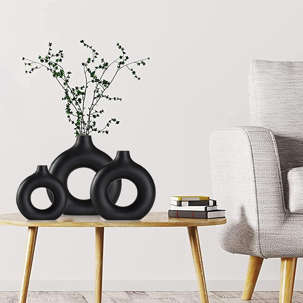 Black Ceramic Vases -for Modern Home Decor,Black Round Vase Set 3 Matte Design Minimalist Nordic Boho Style for Wedding Dinner Table Living Room Office Bedroom, Decorative Gift
