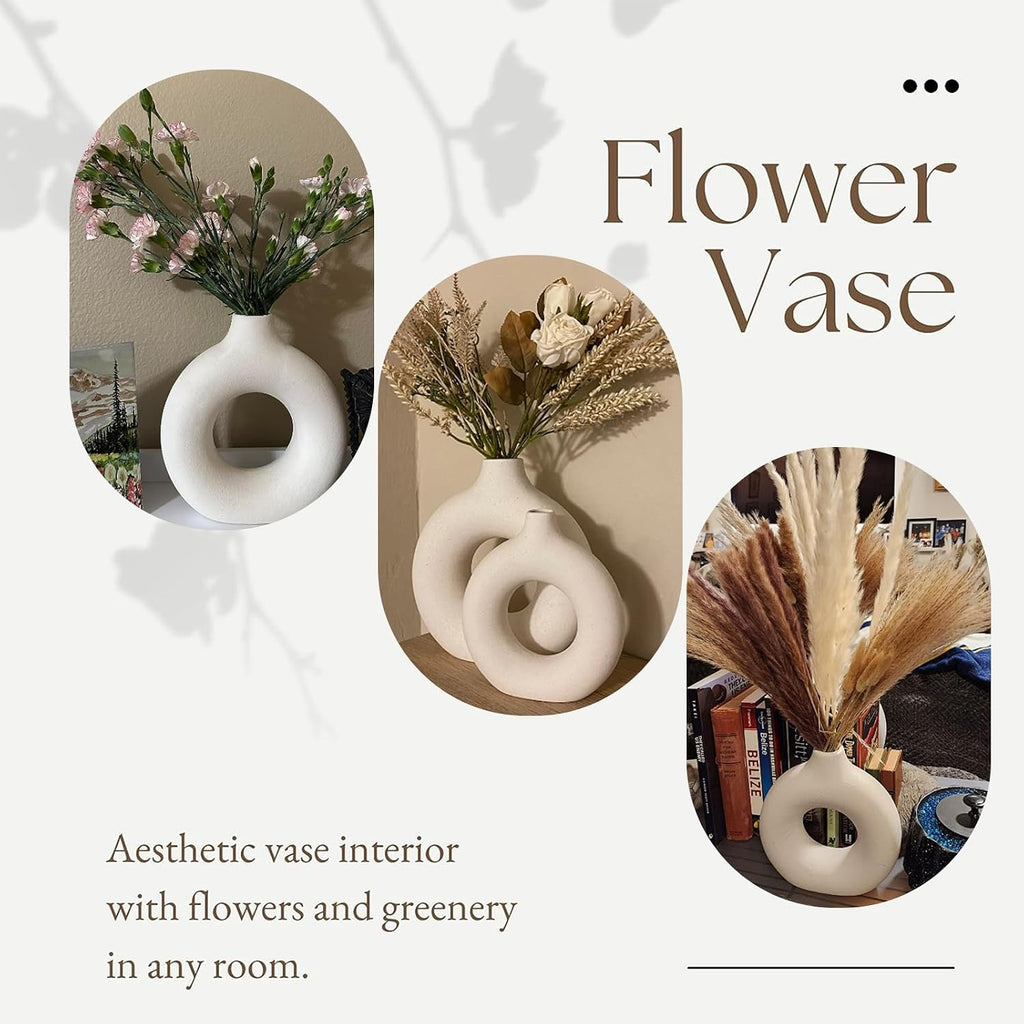 White Ceramic Donut Vase Set of 2, Big Hollow Round Matte Pampas Flower Vases for Boho Home Wedding Party Room Dinner Table Shelf Decor.