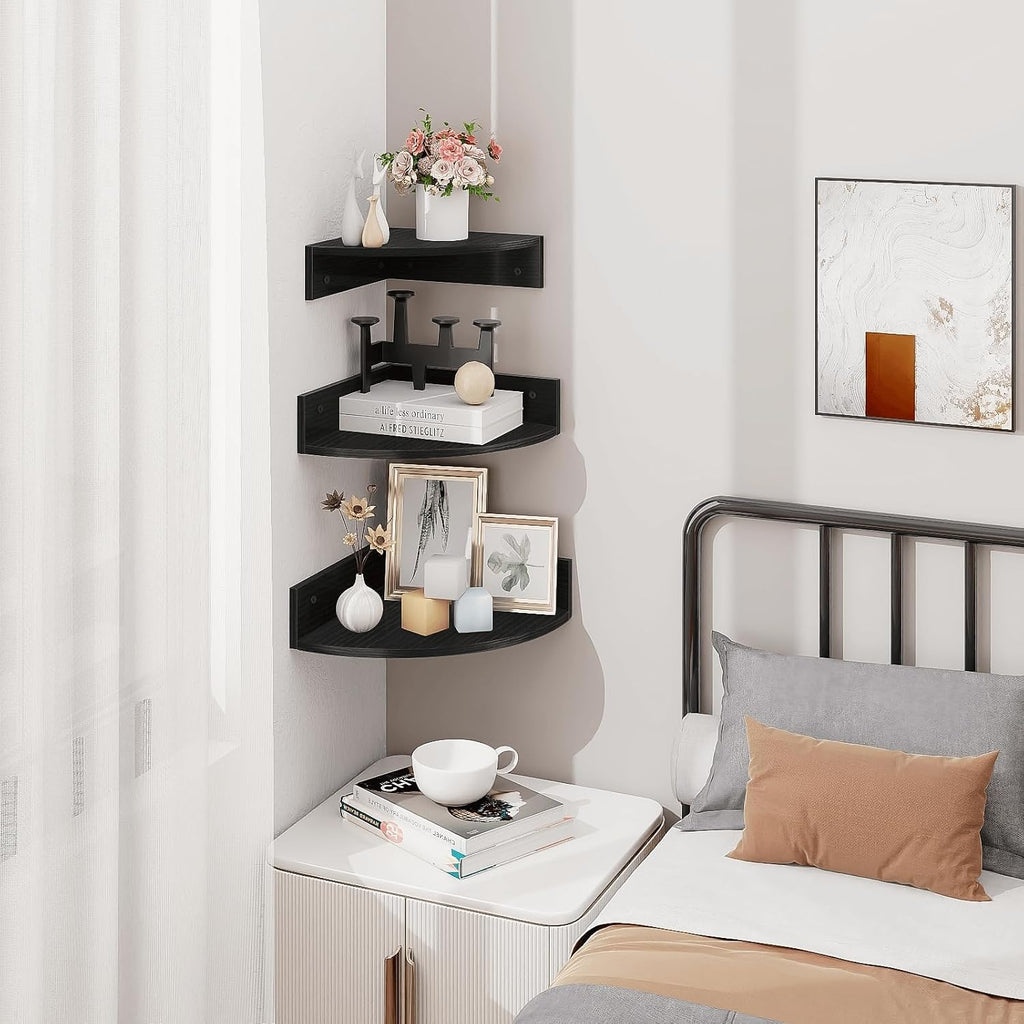 Homode Corner Floating Shelves, Set of 3 Corner Shelves Wall Mounted with Cable Hole, 3 Tier Wooden Hanging Corner Storage Shelf for Bedroom, Living Room, Kitchen, Black
