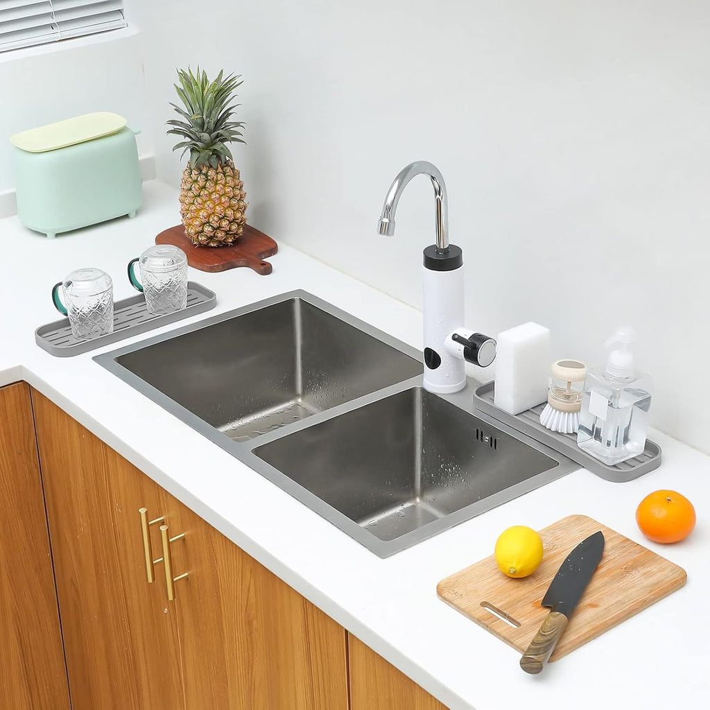 MicoYang Silicone Kitchen Sink Organizer Tray for Multiple Usage,Eco-Friendly Sponges Holder for Kitchen Bathroom Counter or Sink,Dish Soap Dispenser,Scrubber,Bottle,Cup (Grey, 12"×4")