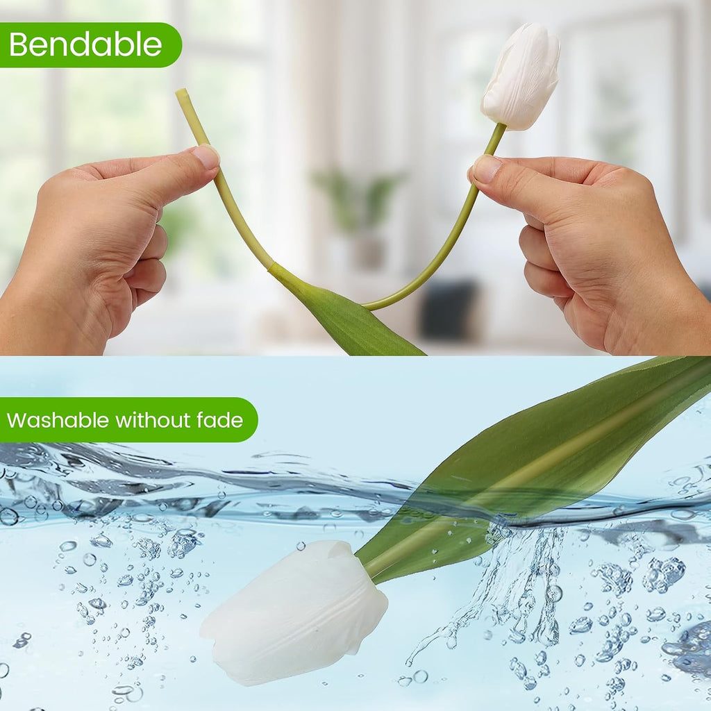 Artificial Tulips - 20 Stems Real Touch Realistic Fake Tulip Flowers, Premium Silk Feel, UV-Resistant, Anti-Fade, Waterproof Lifelike Faux Tulips for Home Decor, Wedding, Party, DIY (White)