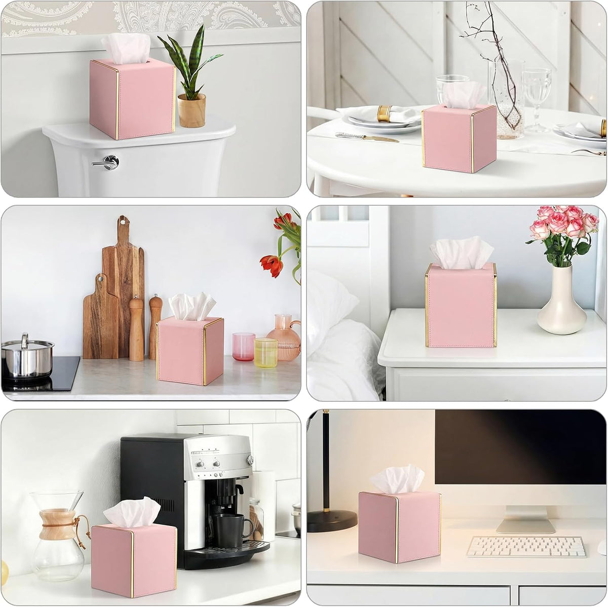 Sumnacon PU Square Tissue Box Cover, Magnetic Bottom, Waterproof, Pink