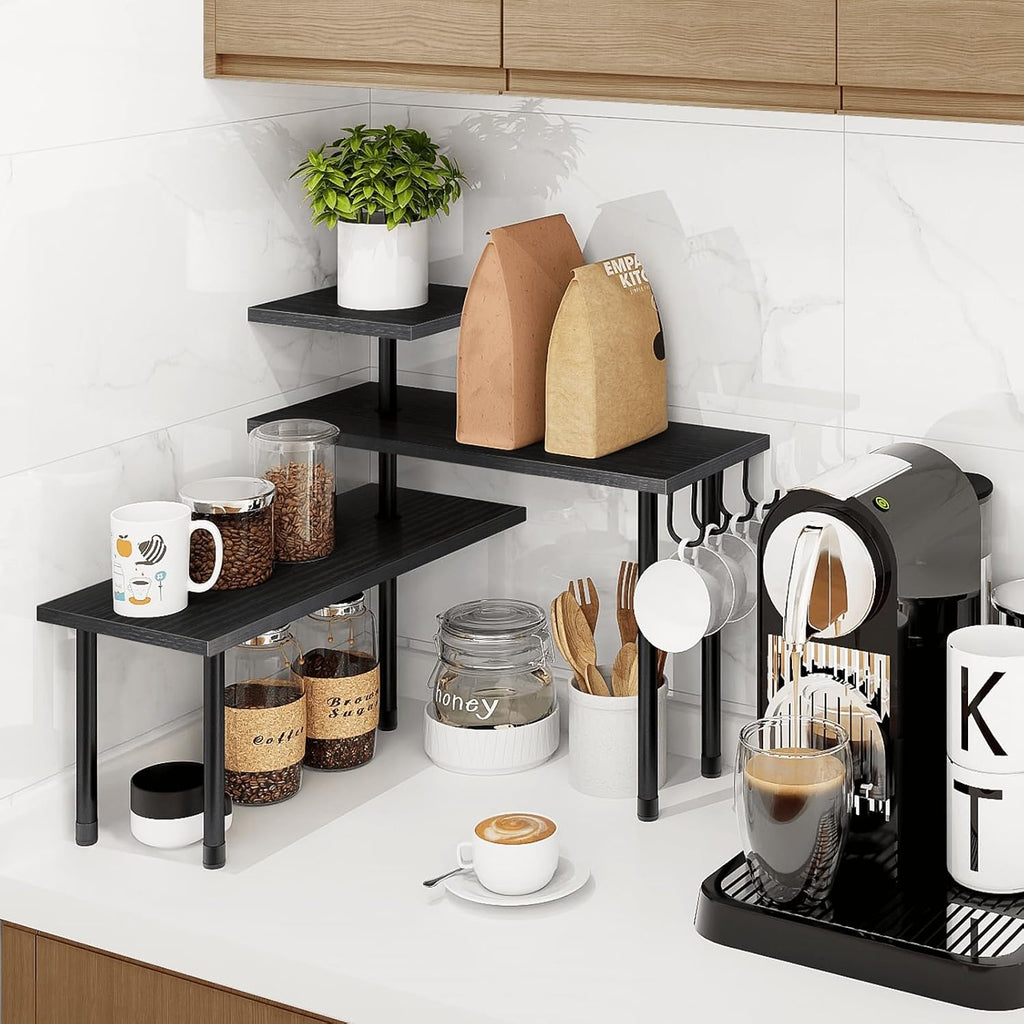 Homode Bathroom Counter Organizer Corner Shelf, Kitchen Countertop Organizer, 3 Tier Wood Counter Shelf Stand for Over the Sink, Coffee Station, Desktop, Black