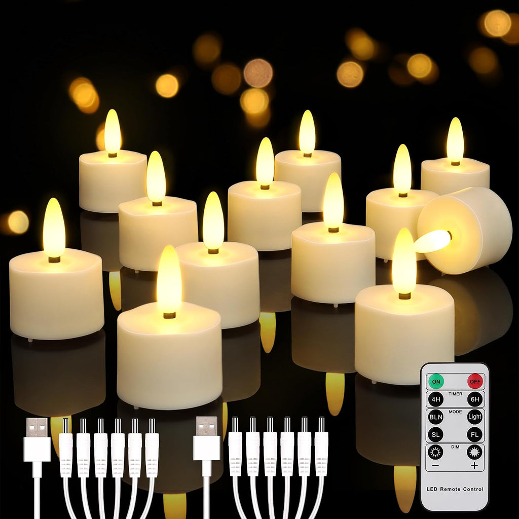 Rechargeable Flameless Tea Lights Candles, Flickering, Remote Timer 12-Pack