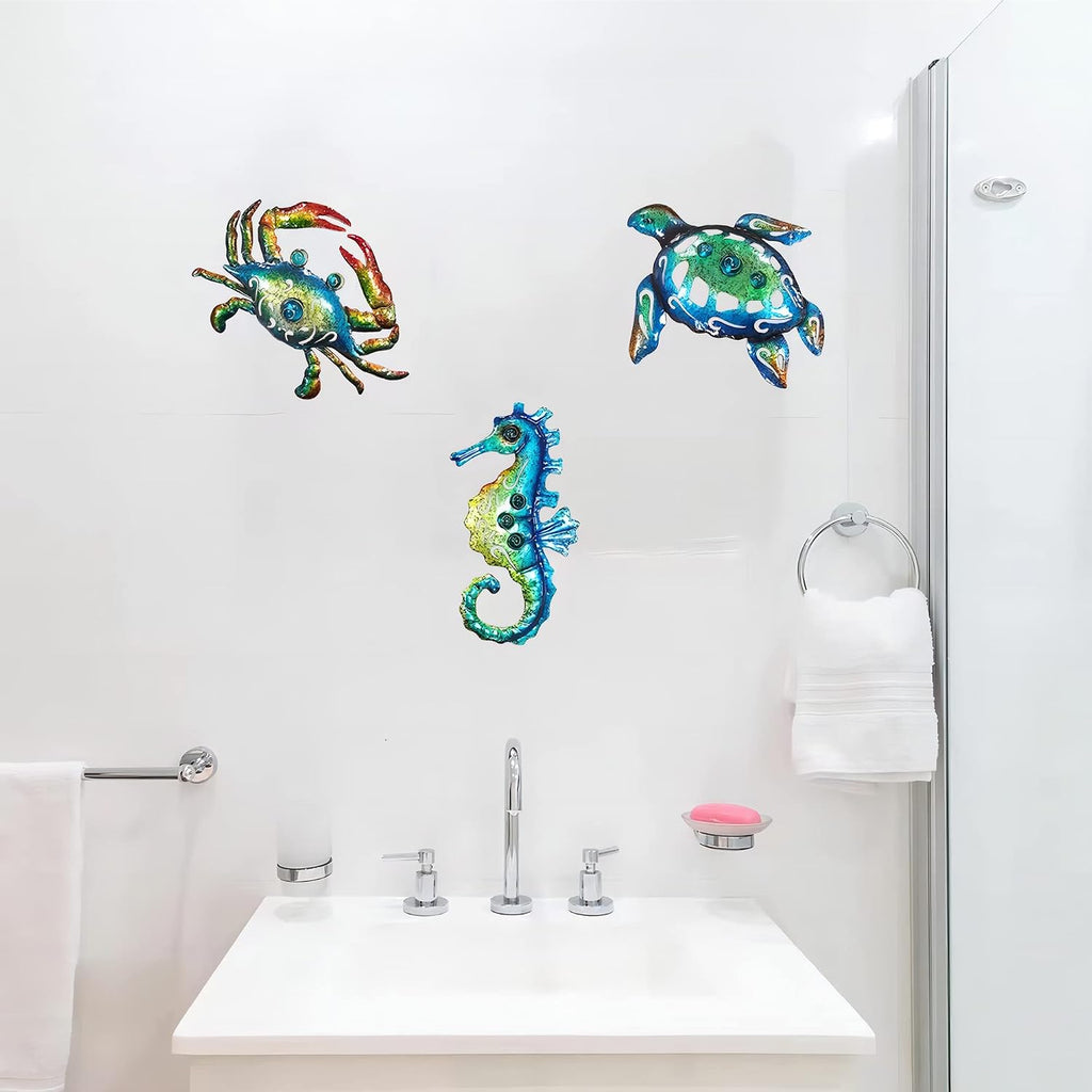 BVLFOOK Metal Sea Turtle Seahorse Crab Beach Themed Bathroom Wall Art Decor