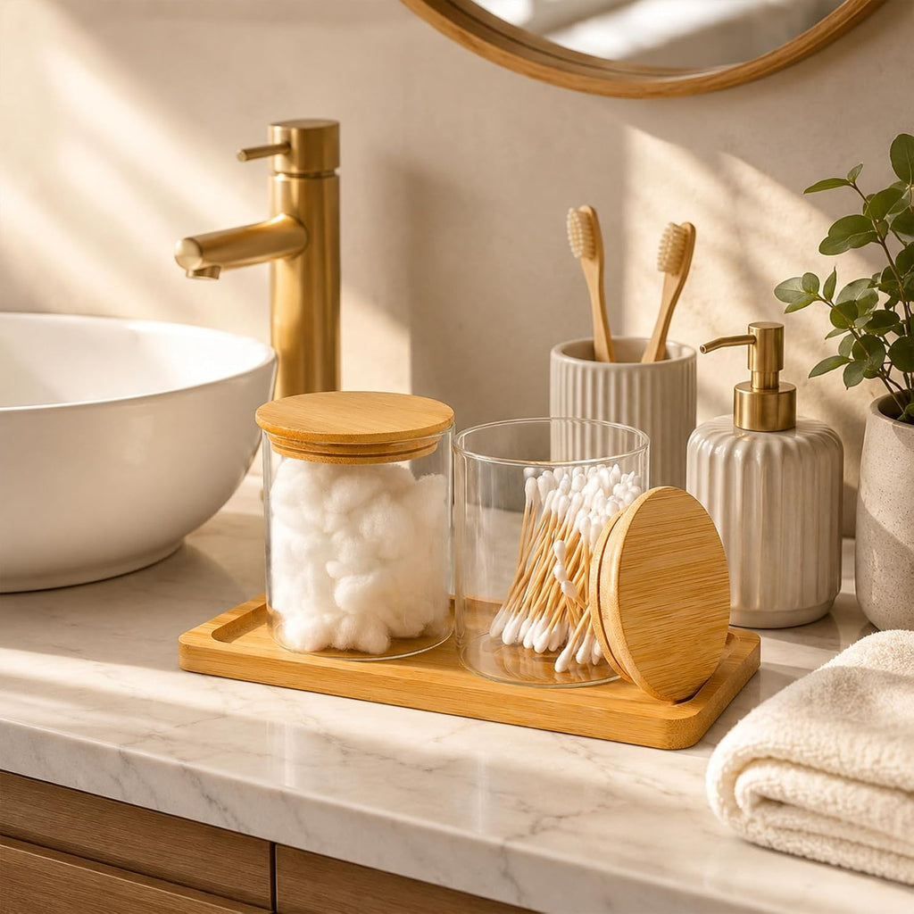 Glass Qtip Holder with Vanity Tray, Bathroom Tray Organizer Glass Qtip Holder, Cotton Round-Holder Glass-Apothecary Jars with Lids for Cotton Ball Round Swab Pad Hair Ties Floss Perfume Jewelry