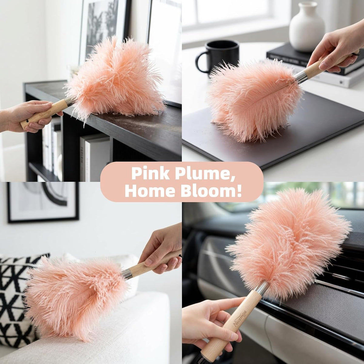 Pink Ostrich Feather Duster for Cleaning with Wooden Handle, 13.5 Inch