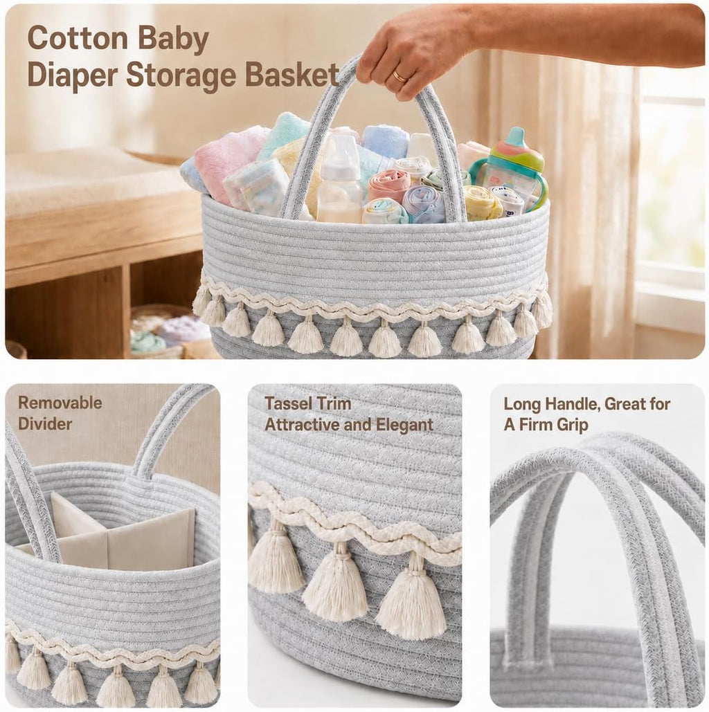 Cotton Rope Baby Diaper Caddy Basket with Handles, Grayish White