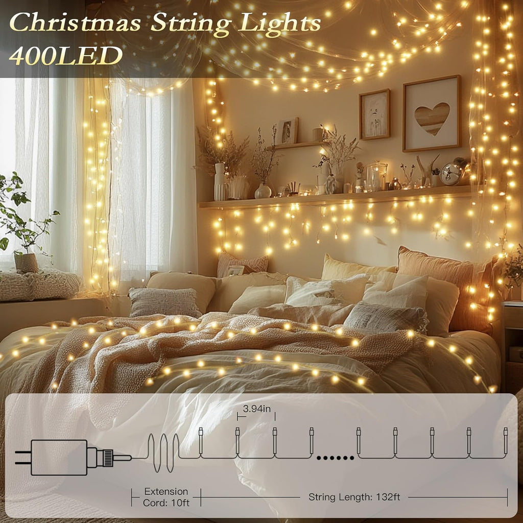 Soagrc132FT 400 LED Warm White String Lights, 8 Modes Fairy Lights with Timer, Waterproof & Durable Indoor Outdoor Decor for Garden, Patio, Party