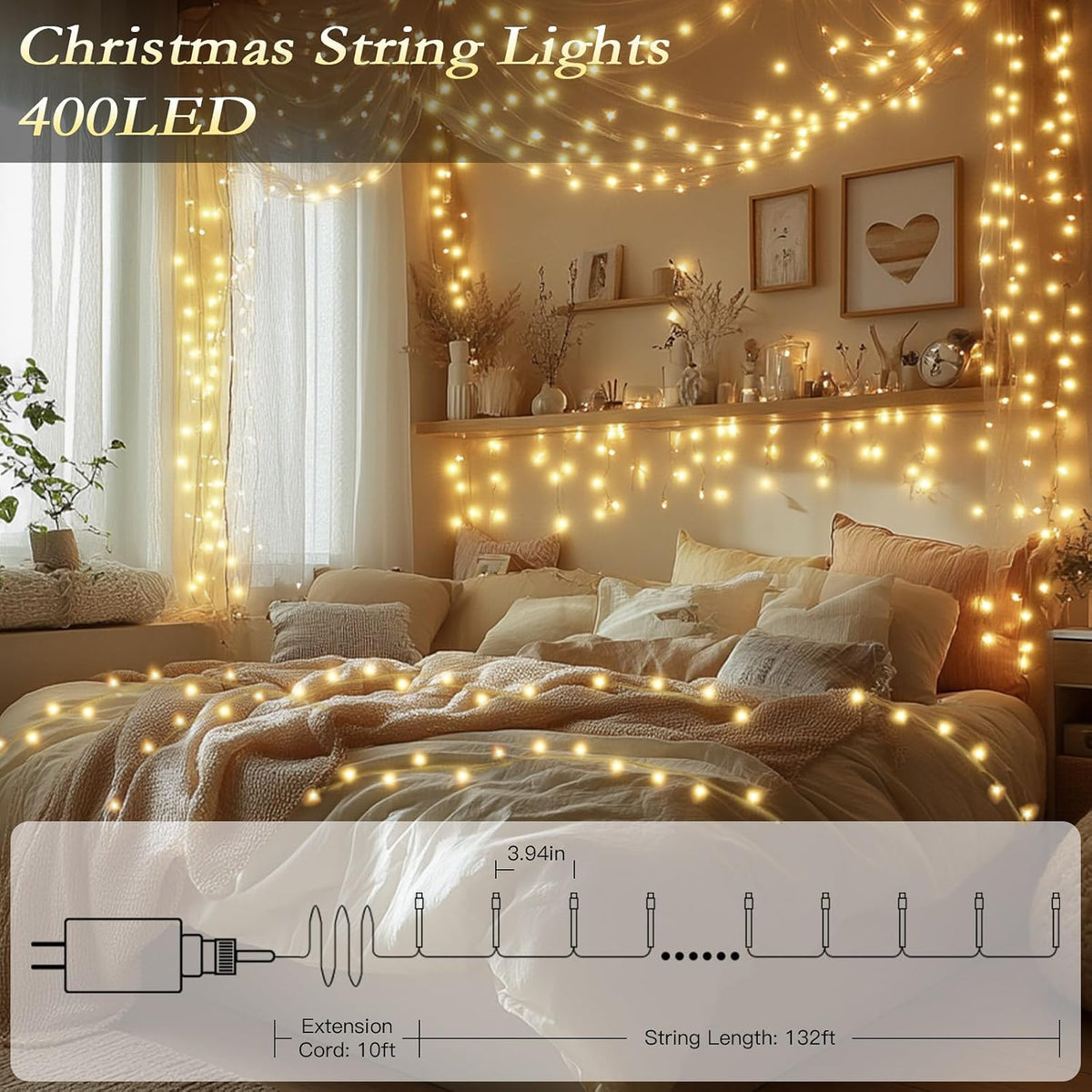 Soagrc132FT 400 LED Warm White String Lights, 8 Modes Fairy Lights with Timer, Waterproof & Durable Indoor Outdoor Decor for Garden, Patio, Party