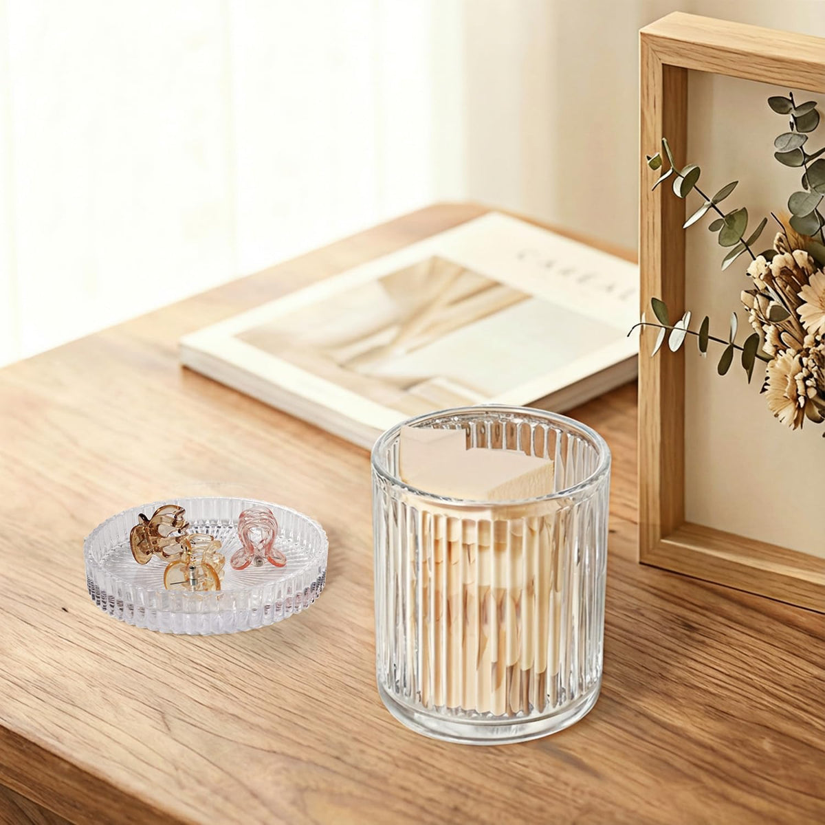 SheeChung 2 Pack Glass Qtip Holder Dispenser Set, Apothecary Jars with Lids