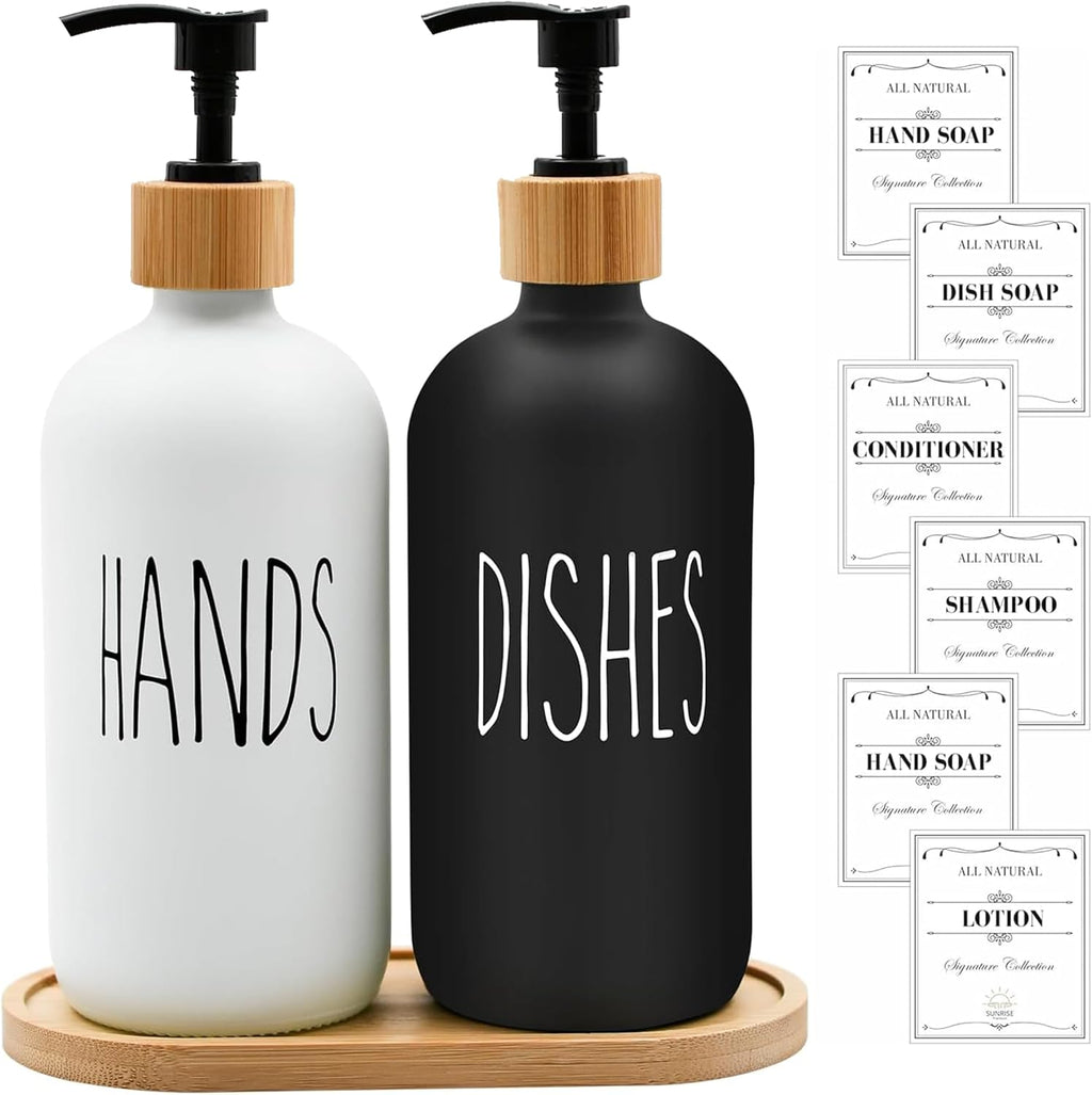 Sunrise Premium White & Black Glass Soap Dispenser-Bamboo Pump & Tray, 2 Pc