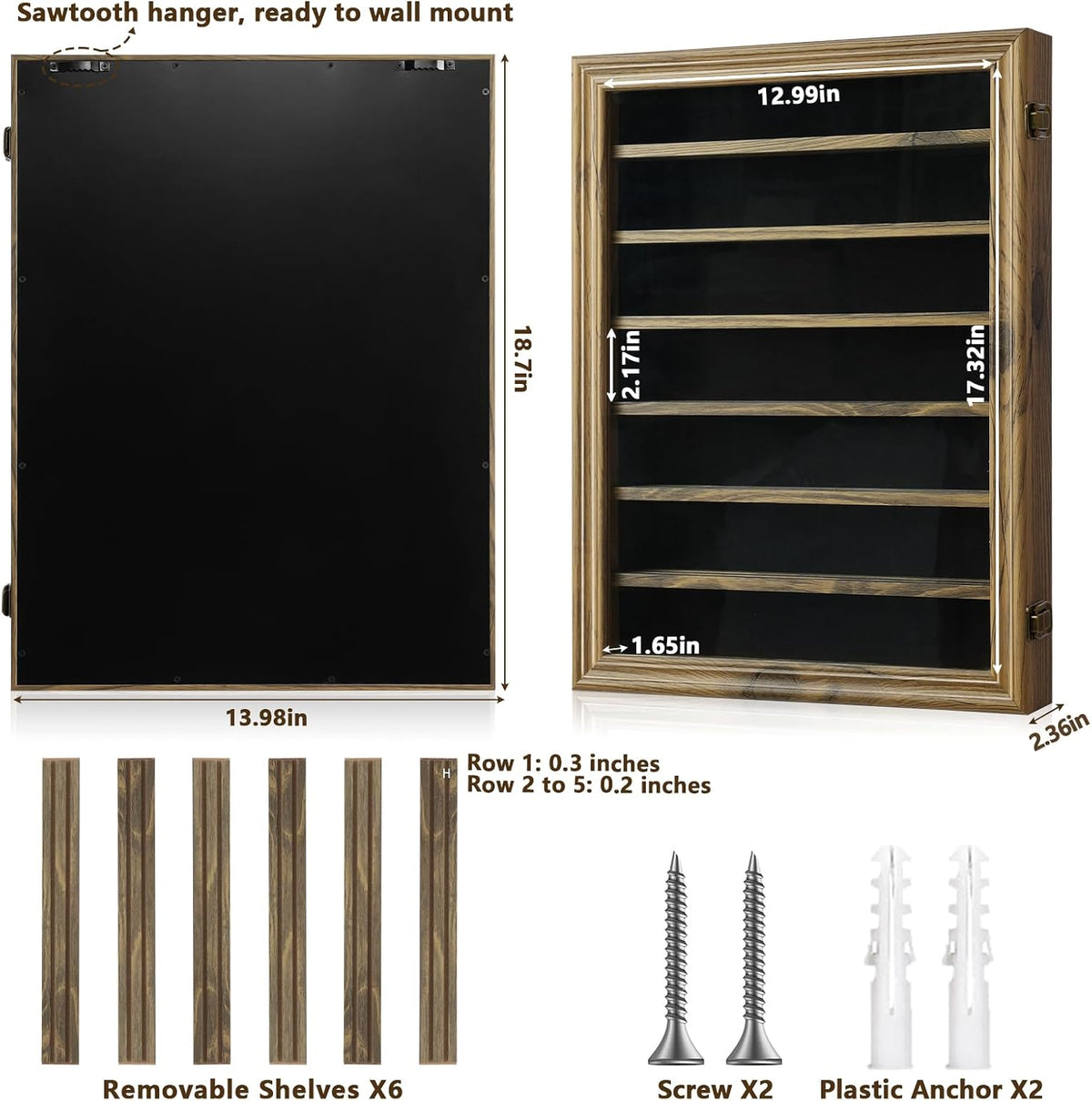 7 Rows Military Challenge Coin Holder Display Case with HD Tempered Glass - Holds 100 Coins, Medal Display Cabinet, Shadow Box for Casino Poker Chips, Removable 2-Groove Shelves, Rustic Wood