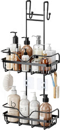 Skyapex Over the Door Shower Caddy Hanging: Black Rustproof Bathroom Organizer Over Glass with Hooks