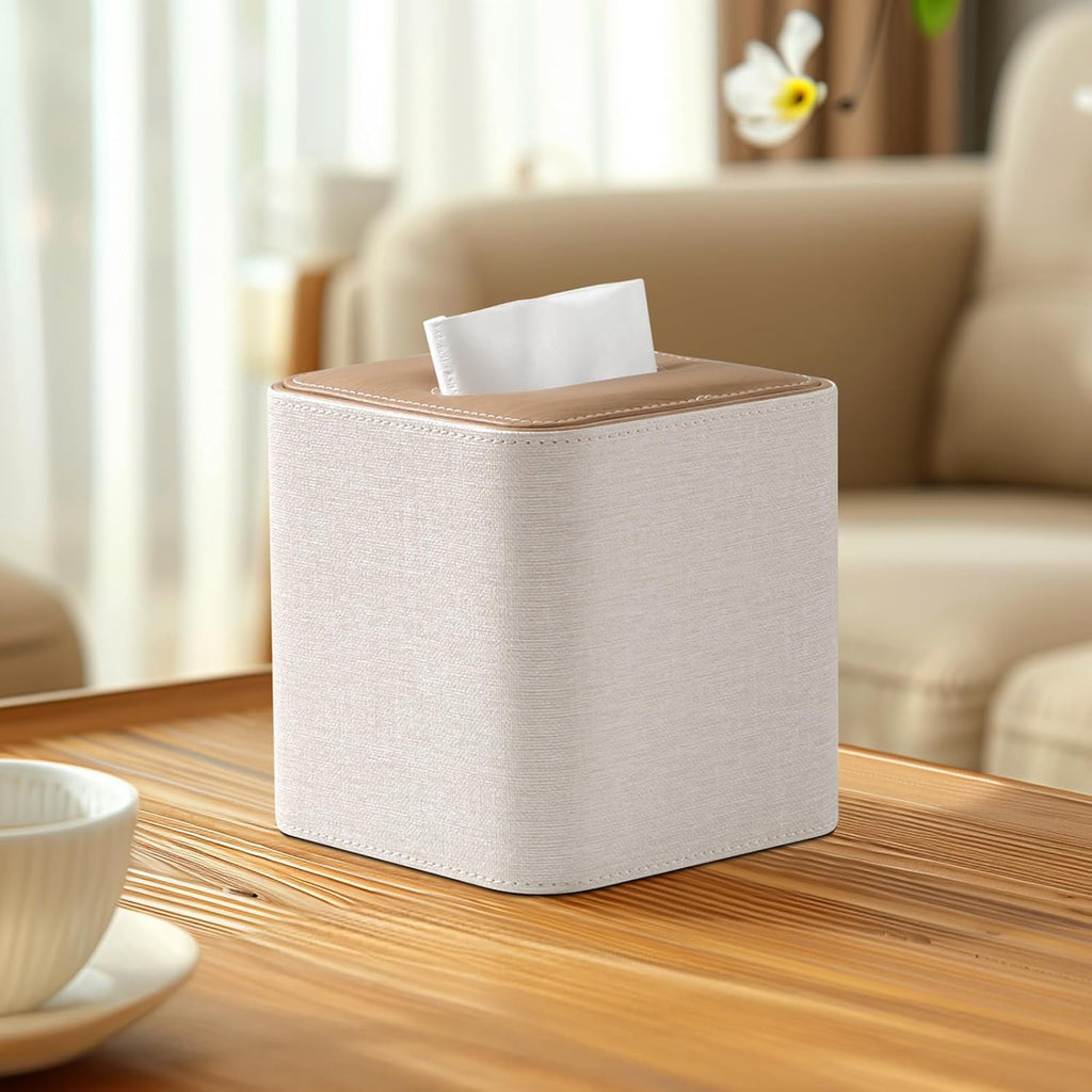 Square Tissue Box Cover PU Leather Tissue Box Holder Cube (Linen)