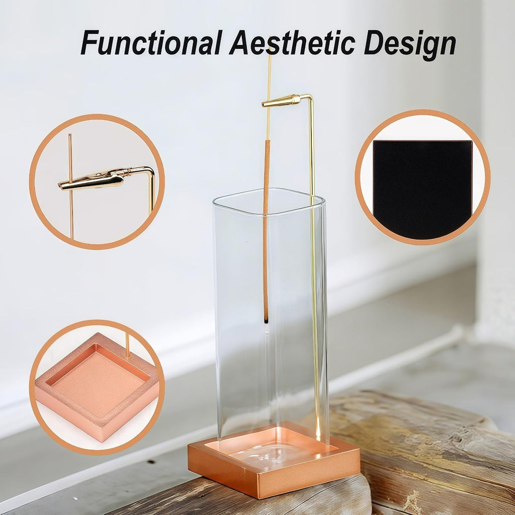 Incense Holder, Metal Incense Holder for Sticks with Removable Glass Ash Catcher, Anti-Ash Incense Burner,Luxury Home Décor for Meditation Relaxation (Rose Gold)