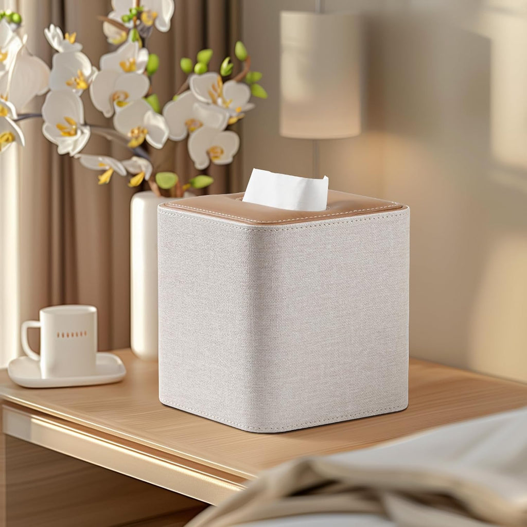 Square Tissue Box Cover PU Leather Tissue Box Holder Cube (Linen)