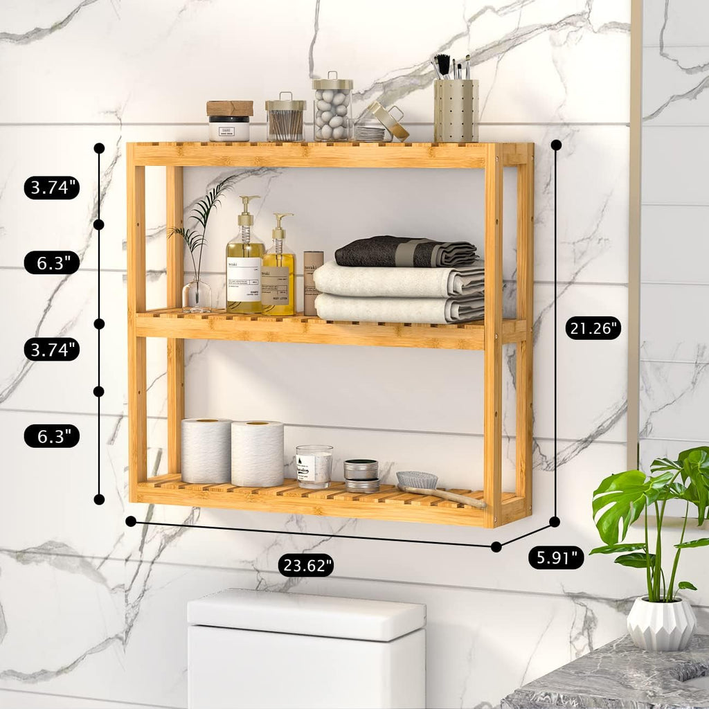 Domax Bamboo Bathroom Shelf 3-Tier Wall Mount Storage Rack Multifunctional Adjustable Layer Free Standing Over Toilet Utility Shelves Living Room Kitchen (Bamboo)