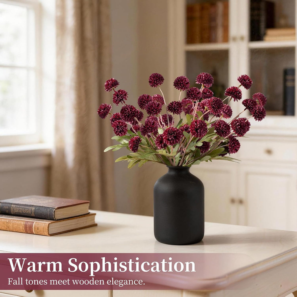 Faux Silk Mums Artificial Flowers - 7Pcs Artificial Mums Bendable Long Stems, Faux Flowers For Vase, Table, Wedding & Wreath Home Décor, Chrysanthemum Pom Pom Floral Arrangement, Burgundy (No Vase)