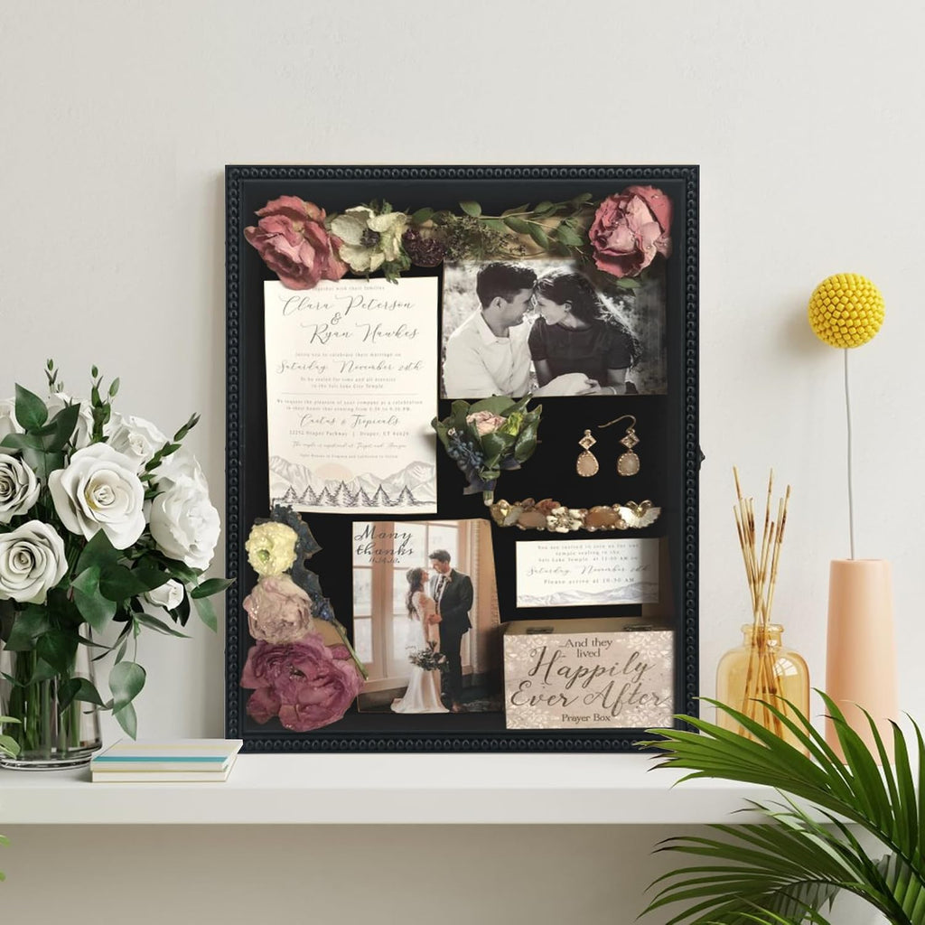 Beaded Shadow Box Frame 16x20, Black Wedding Keepsake Memory Display Case