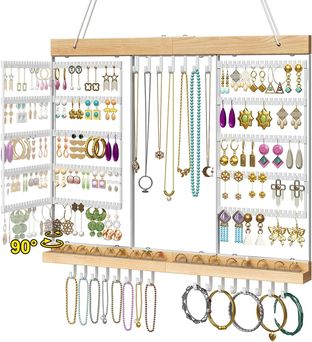 Large Rotating Hanging Jewelry Organizer, 5-Tier Wall Mounted Earring Holder for 180 Pairs, Jewelry Rack for Earrings, Necklaces, Bracelets & Rings, Necklaces, Bracelets & Rings, for Girls, White
