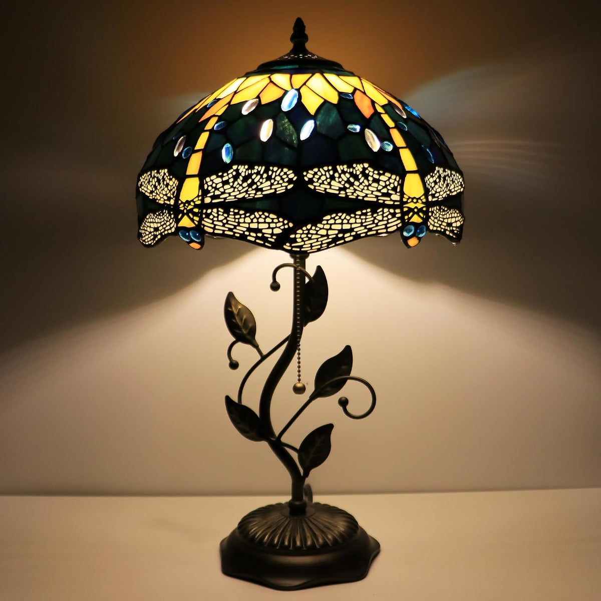 Tiffany Style Yellow Dragonfly Stained Glass Table Lamp 19 Inch