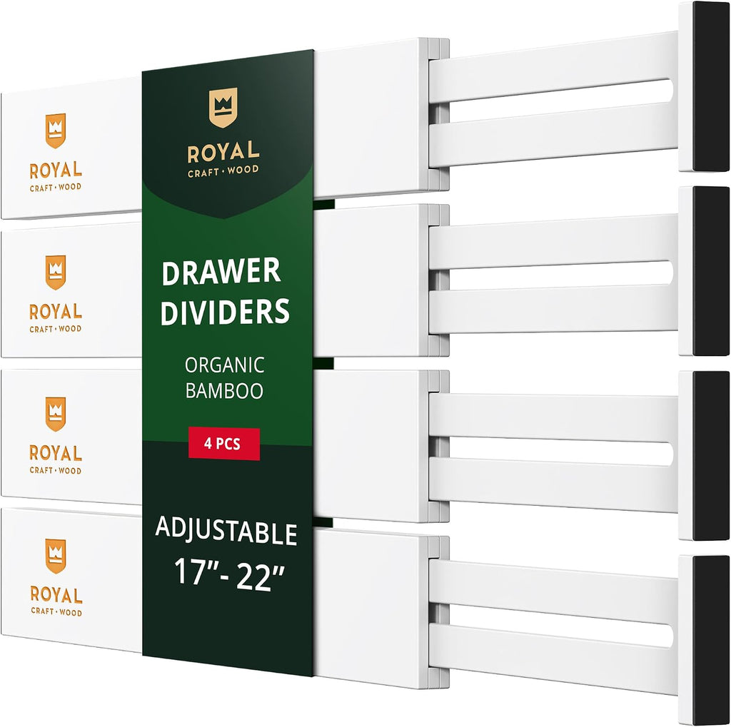 Bamboo Drawer Dividers Organizers, Adjustable Drawer Separator Splitters, 17–22 Inches Expandable Drawer Divider Organizer for Large Utensils, Kitchen, Bedroom, Dresser & Office Drawers 4-Pack, White