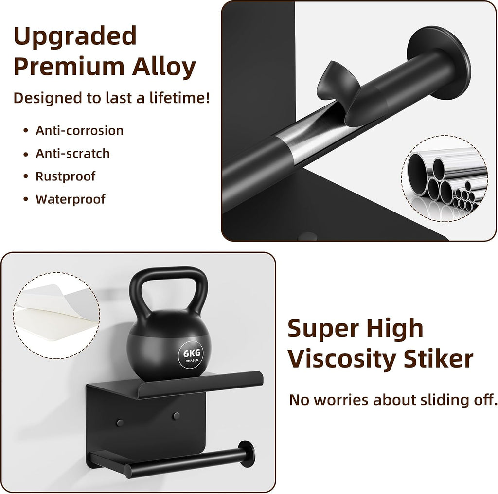 Adhesive Toilet Paper Holder with Shelf, Stainless Steel, Black