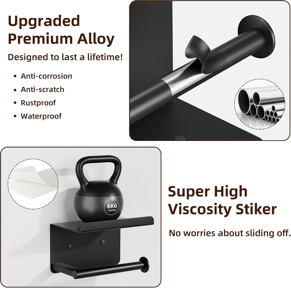 Adhesive Toilet Paper Holder with Shelf, Stainless Steel, Black