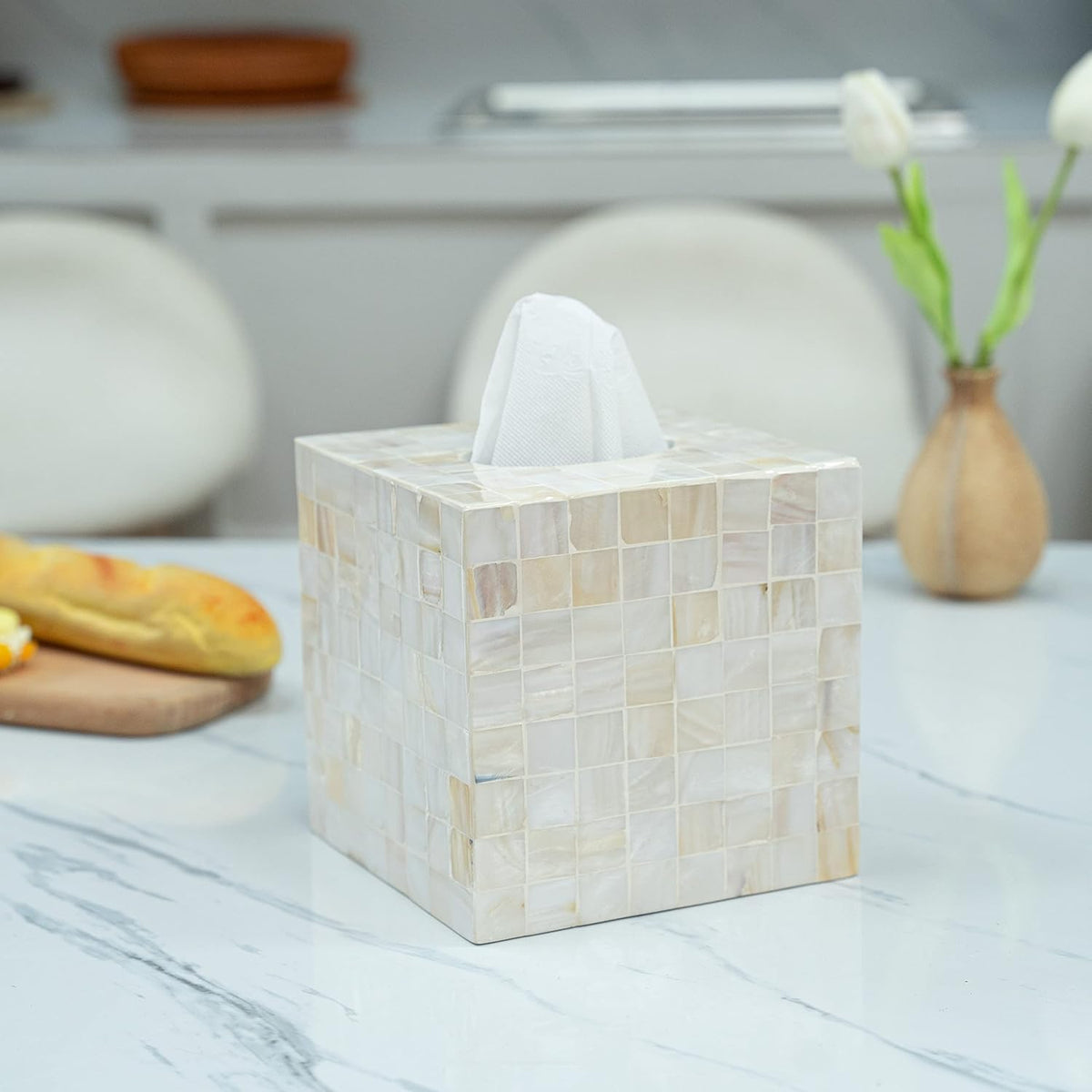 Tissue Box Cover - Mosaic Mother of Pearl Inlay Tissue Box Holder - Tissue Box Cover Square 5.9 x 5.9 x 5.9 in - Decorative Bathroom, Bedroom or Office (White)