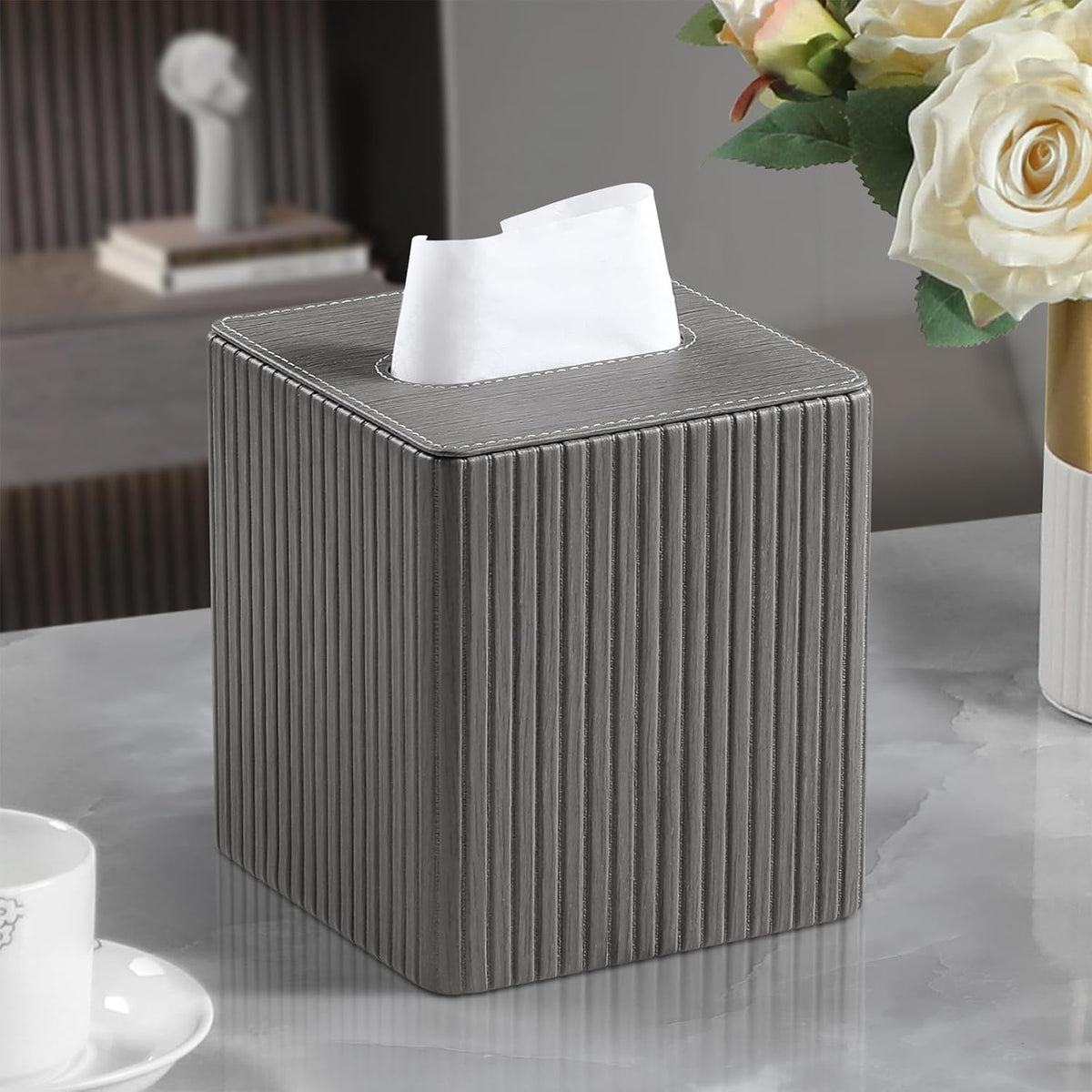 PU Leather Tissue Box Cover, Square Tissue Holder (Slate Grey)