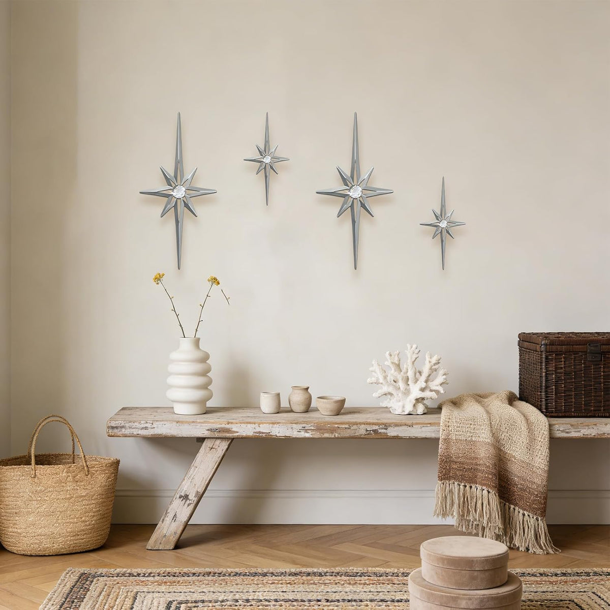 sxnzequnze 4 Pcs Star Wall Art for Home Decor Living Room Bedroom Office Metal 3D,Bling,with Hanging Hook Starburst Midcentury Sculpture Retro Gallery Accent Celestial -Silver 16.5in/9.4in
