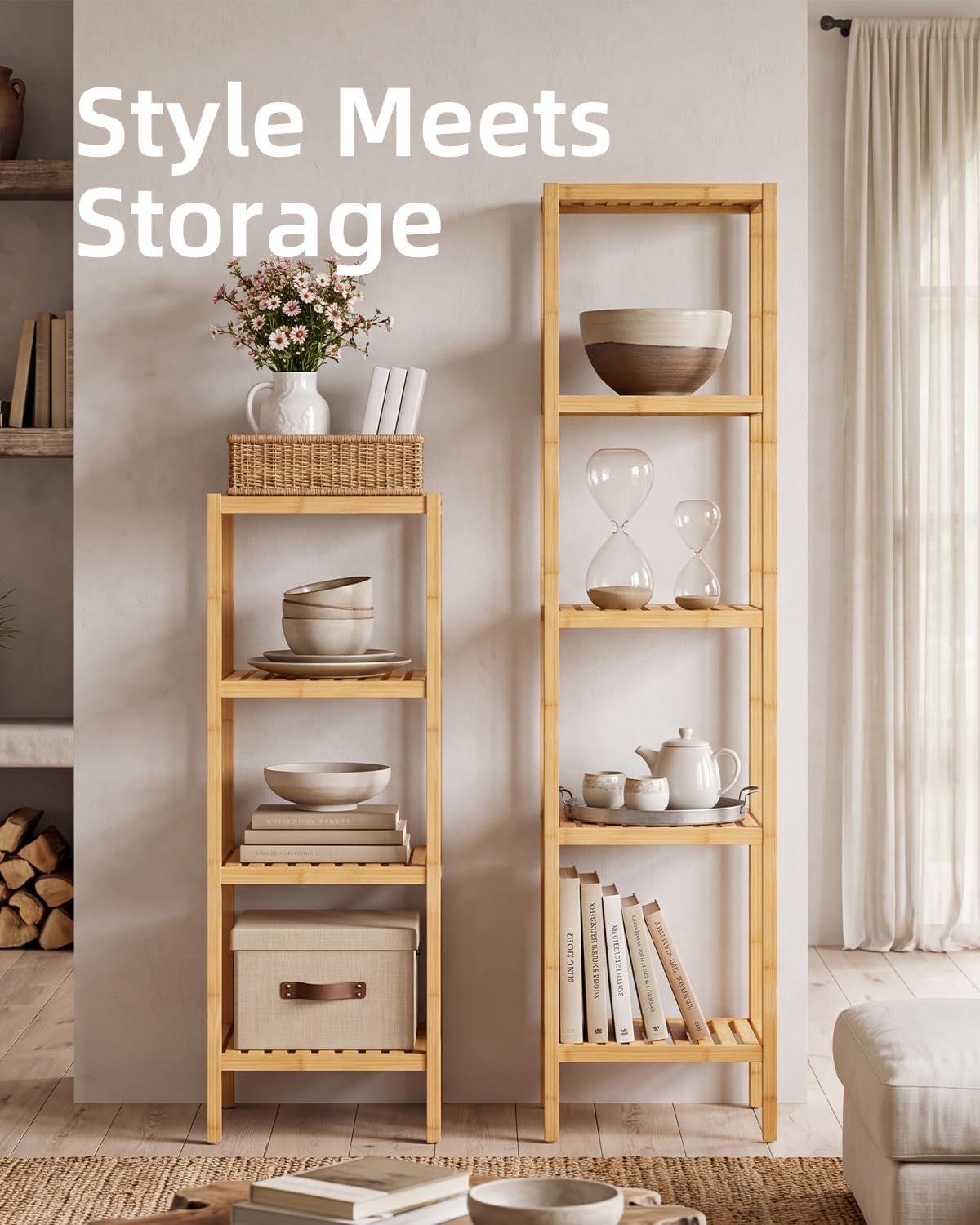 SMIBUY Bathroom Storage Shelf, 5-Tier Bamboo Rack Organizer, Multifunctional Shelving Unit for Living Room Bedroom Kitchen (Natural)