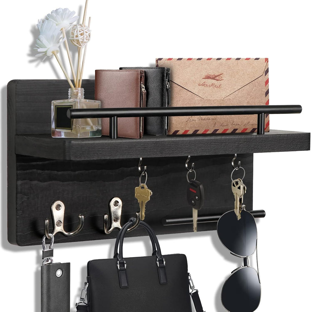 Wooden Wall Mounted Key Holder for Wall with Shelf &5 Key Hooks Home Decor