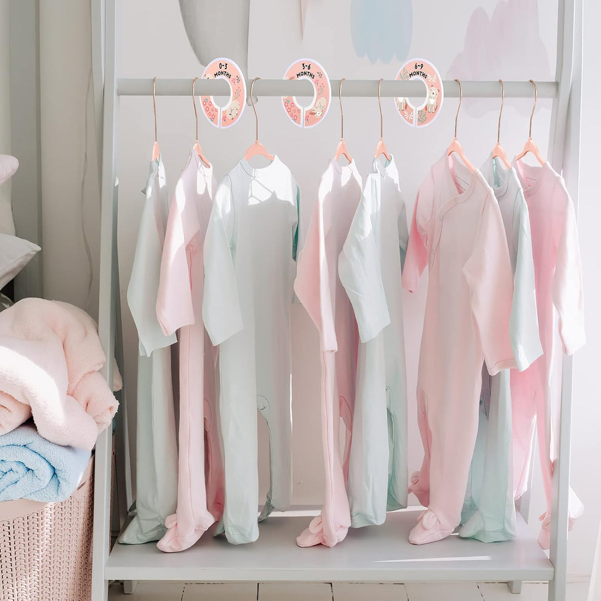VIS'V Velvet Baby Hangers with 6 Pcs Size Dividers, 11 Inch, Pink, 30 Pcs