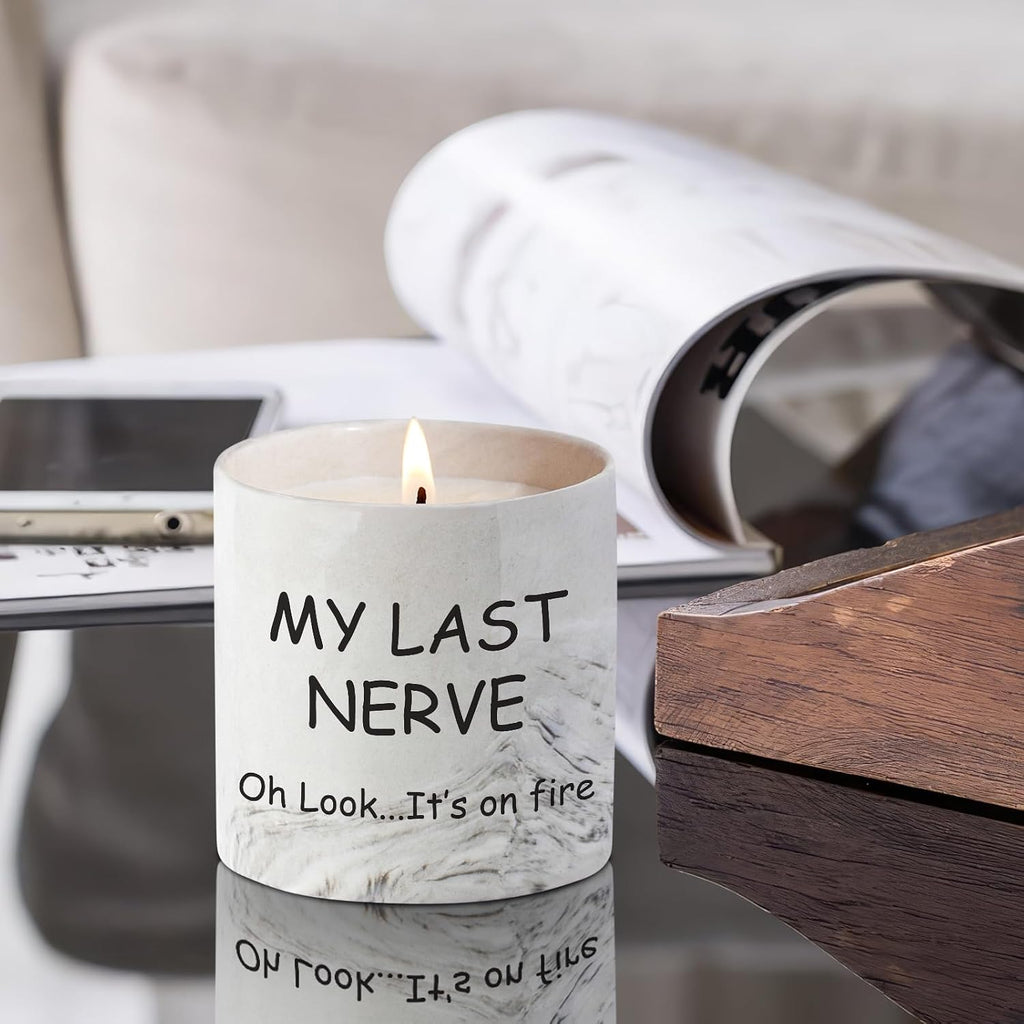 Funny Candle Gifts for Women My Last Nerve Oh Look It's On Fire Candle - Gag Gifts Sarcastic Funny Saying Ceramic Lavender Scented 6 Oz