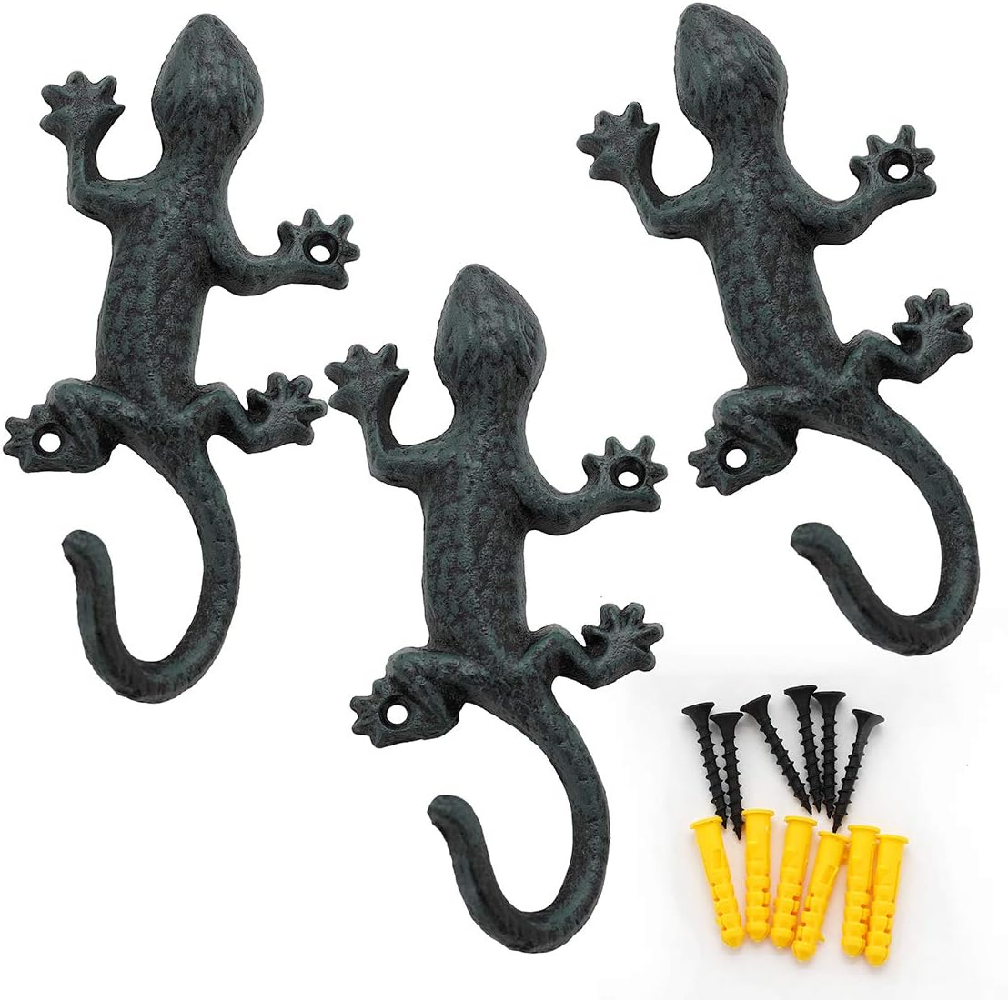 Gecko Towel Hooks, Cast Iron Coat Hook, Rustic, 3Pcs