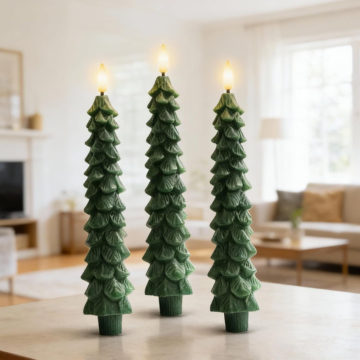 3PCS Christmas Tree Candles, 9.7 Inch Flameless Taper Candles with Remote and Timer, LED Battery Operated Taper Candlesticks with 3D Flickering for Christmas Home Decoration.