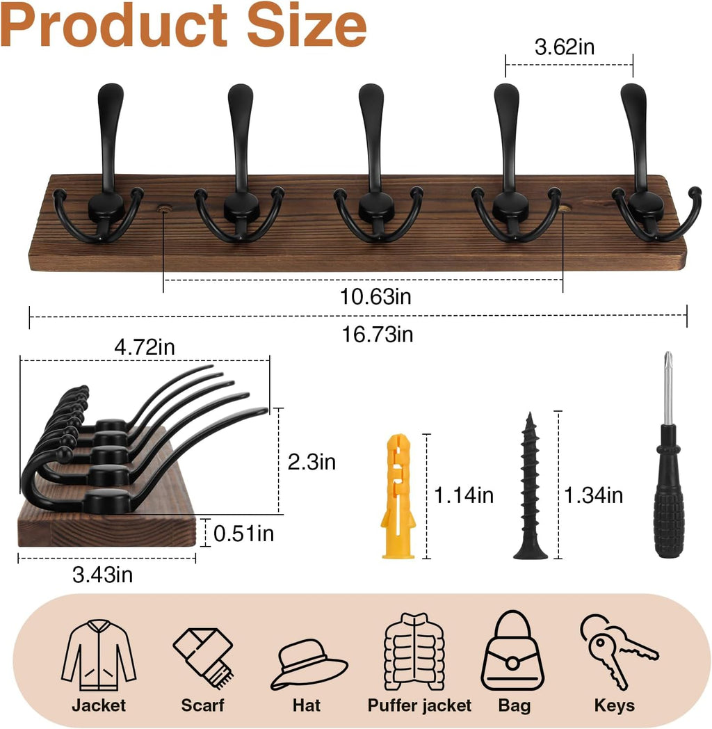 Wooden Coat Rack Wall Mount Heavy Duty, 2 Pack Coat Hanger Wall Mount with 5 Triple Hooks for Clothes, Jacket, Hat, Keys, Space Saving Entryway Organizer for Mudroom (‎Brown Plate & Black Hooks)