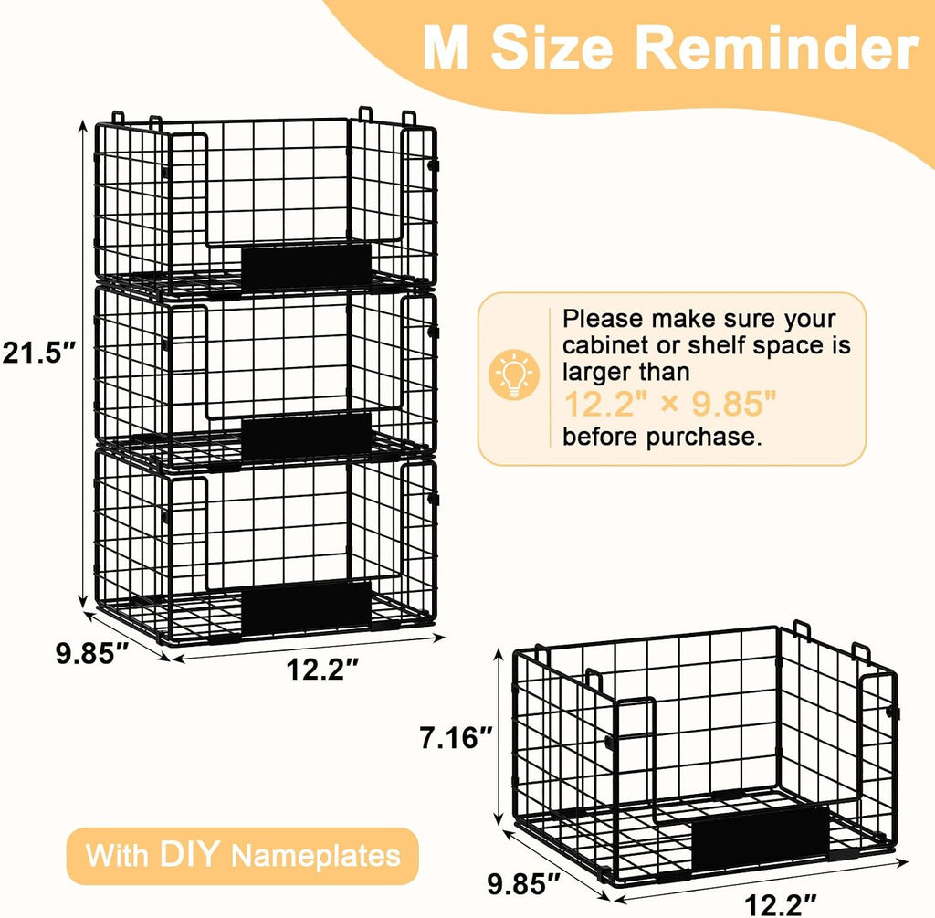 3 Pack XL Stackable Wire Baskets with Handle, Pantry Organizers and Storage