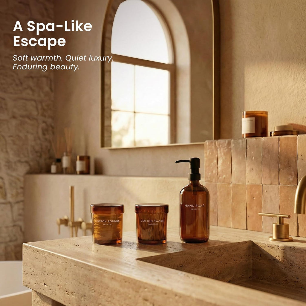 MaisoNovo Glass Bathroom Containers with Lids (Airtight) - Qtip Holder - Apothecary Jars for Cotton Rounds, Swabs, Balls, Pads - Amber Q Tip Dispenser - 2 pcs Bathroom Canisters Set for Organization