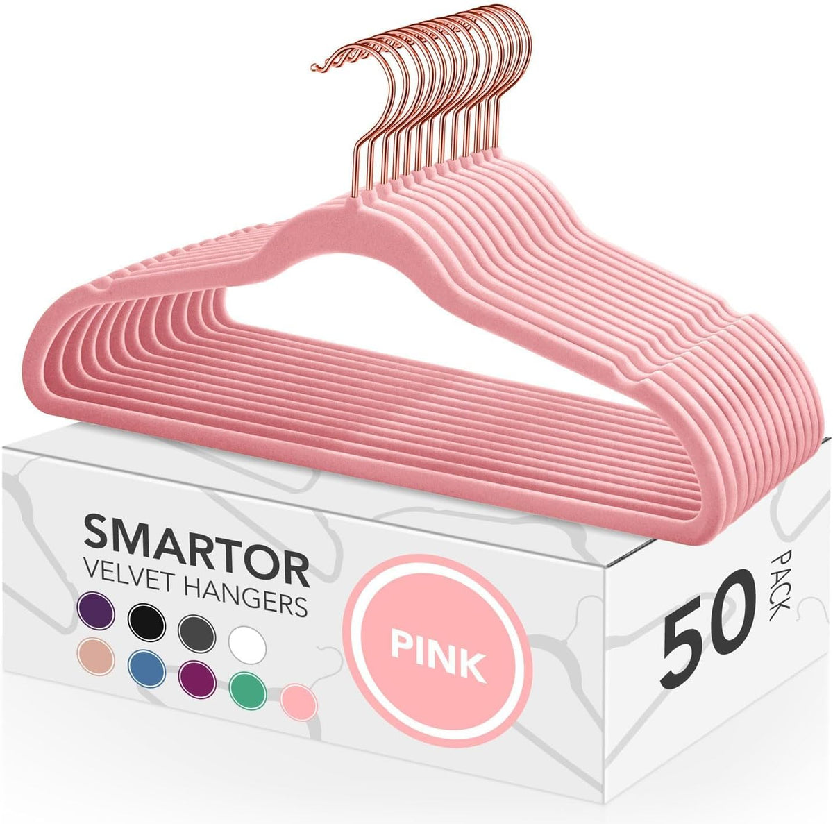 Smartor Pink Velvet Hangers 50 Pack, Non Slip Rose Gold Hook Felt Hangers
