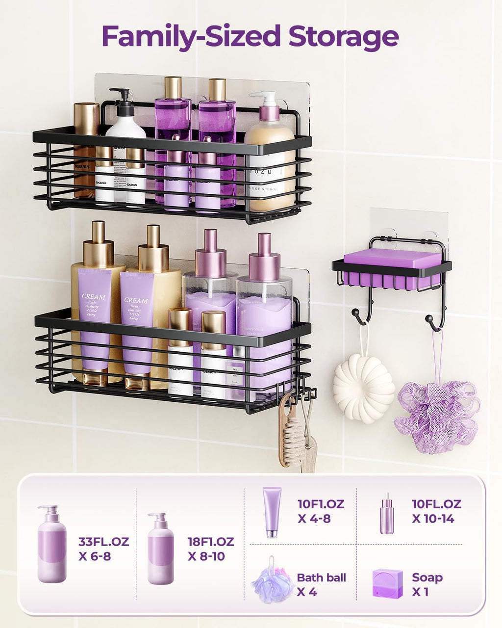 ODesign Shower Shelves Adhesive 3 Pack Stainless Steel Storage Shelve-Black